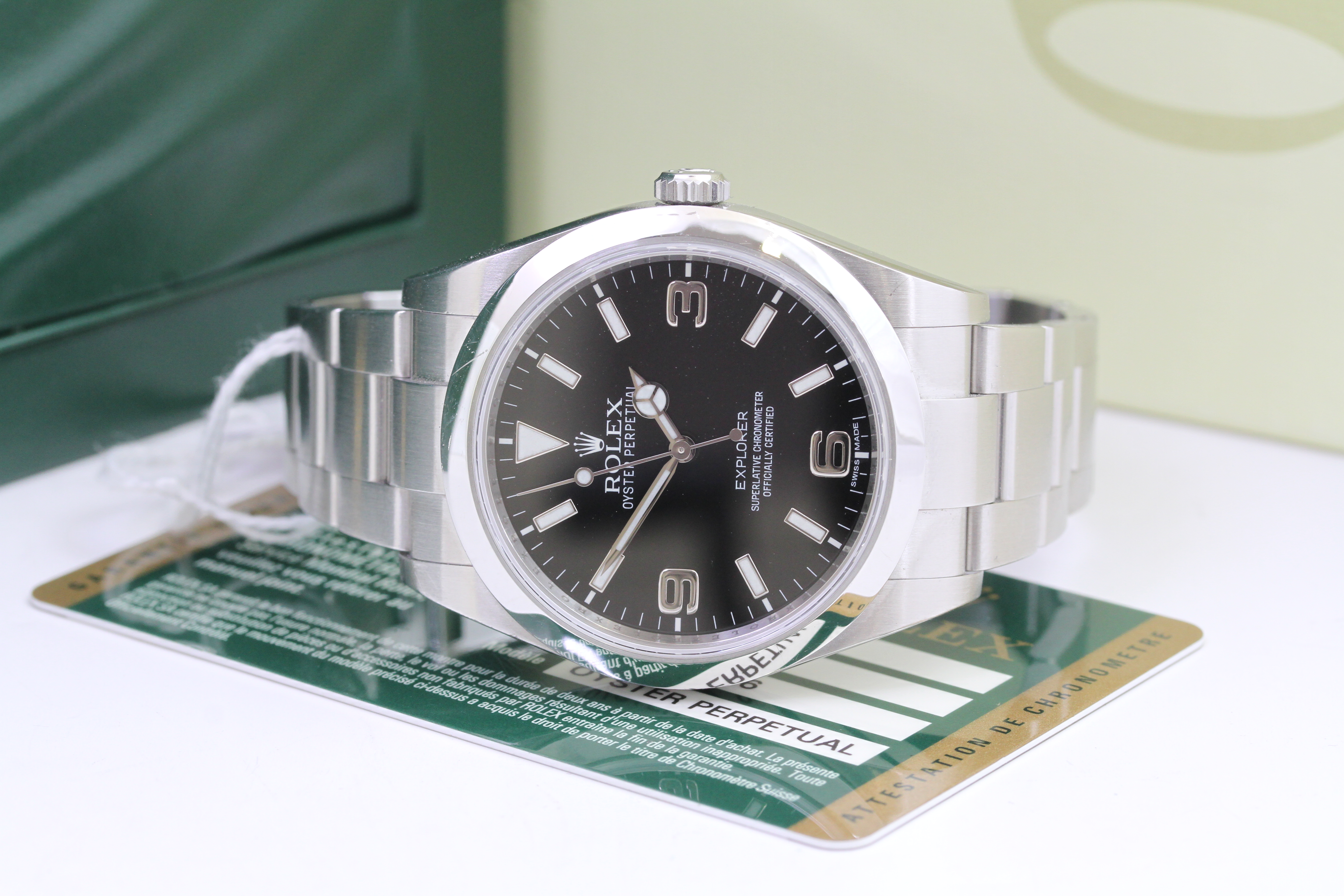 ROLEX EXPLORER 214270 BOX AND PAPEES 2012, circular black dial with applied hour markers, iconic 3,6