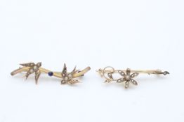 2 x 9ct gold antique swallow and floral brooches inc. seed pearl & paste - as seen (4g)