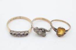 3 x 9ct gold & silver top citrine & clear gemstone rings (5.2g)