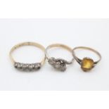 3 x 9ct gold & silver top citrine & clear gemstone rings (5.2g)