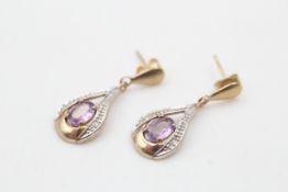 9ct gold diamond & amethyst ornate drop earrings (1.9g)
