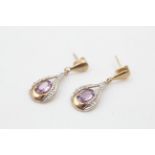 9ct gold diamond & amethyst ornate drop earrings (1.9g)