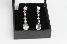 18WG Aqua, diamond and pink tourmaline dropearrings A2.47cts D0.70 cts, The oval aquamarinedrops are