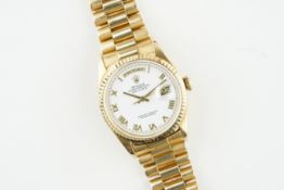 ROLEX OYSTER PERPETUAL DAY-DATE 18CT GOLD ROMAN DIAL W/ BOX & SWING TAG REF. 18238 CIRCA 1996,