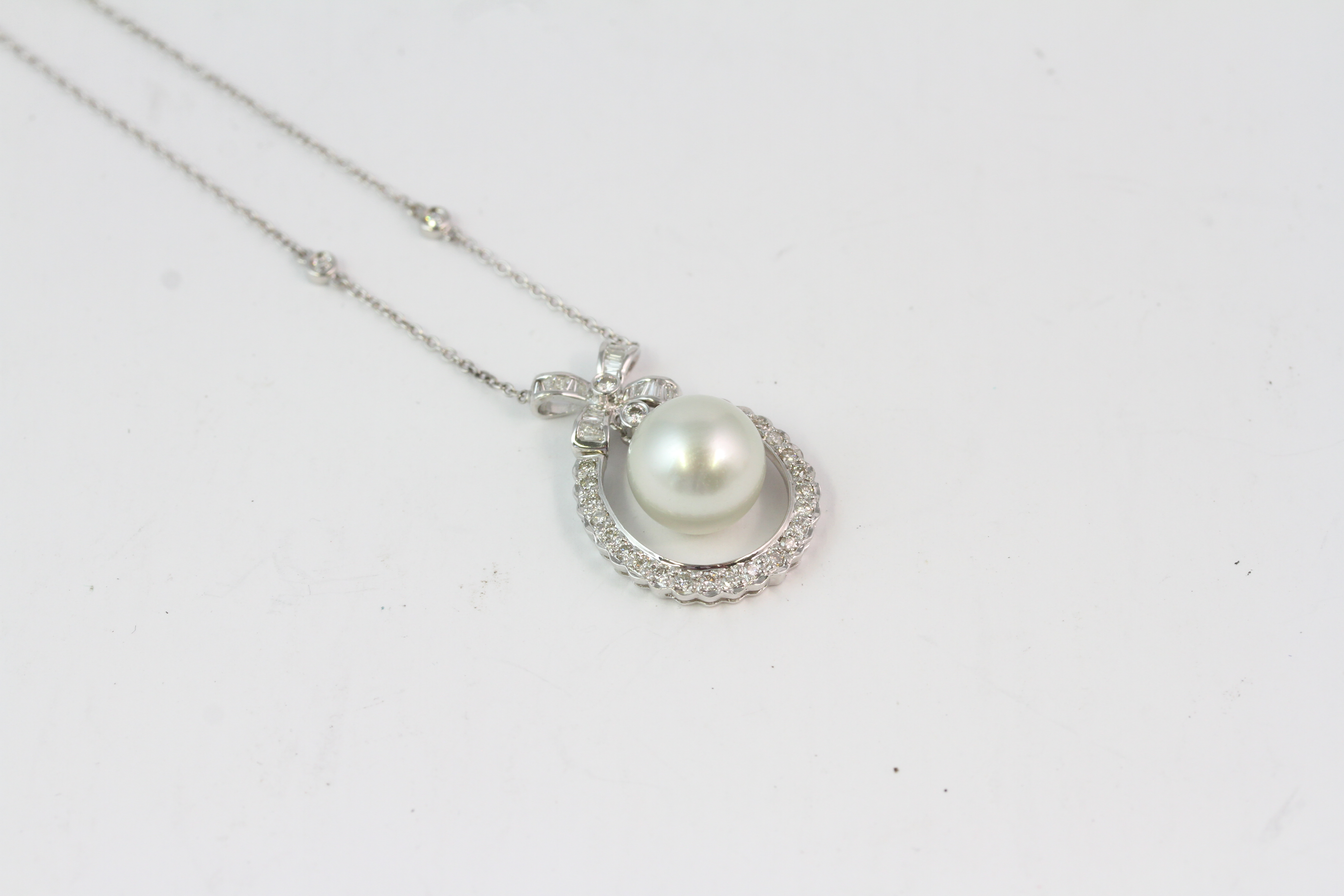 18WG Southsea pearl and diamond pendant and chain Est D 1.40ct S/S11mm