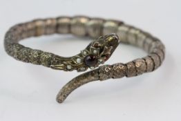 SILVER SNAKE BRACELET WITH GARNETS AND PEARLS