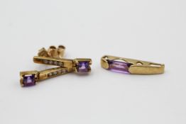 2 x 9ct gold amethyst & gemstone pendant & earrings set (3.3g)
