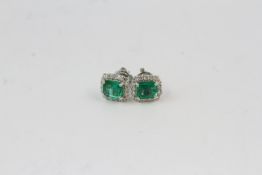 18WG Emerald and diamond rectangular earrings E2.58 D0.76