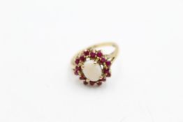 9ct gold opal & ruby halo set ring (3.7g)