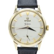 1956 OMEGA GENEVE IN SOLID 9CT GOLD WITH ORIGINAL TWO-TONE DIAL CROSS HAIR DIAL & ARROW BATONS.