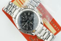 OMEGA SPEEDMASTER AUTOMATIC CHRONOGRAPH WRISTWATCH W/ GUARANTEE CARD, circular black dial with