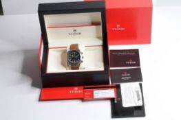 TUDOR BLACK BAY CHRONO REFERENCE 79350 WITH BOX AND PAPERS 2017, circular black dial with applied