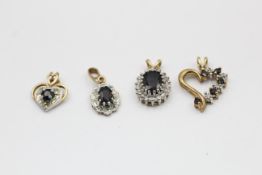 4 x 9ct gold diamond & sapphire pendants inc. halo, heart (5.2g)