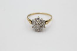 9ct gold vintage clear gemstone double floral halo ring (1.6g)