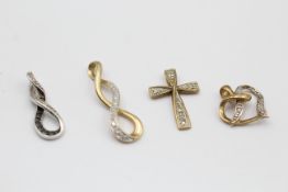 4 x 9ct gold diamond pendants inc. black diamond, religious cross, infinity (3.2g)