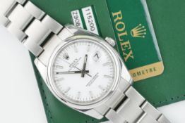 ROLEX OYSTER PERPETUAL DATE WHITE DIAL W/ BOX & GUARANTEE CARD REF. 115200 CIRCA 2007, circular