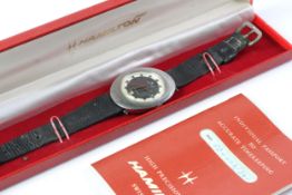 VINTAGE HAMILTON AUTOMATIC BOX AND PAPERS 1976, circular black dial with baton hour markers, white