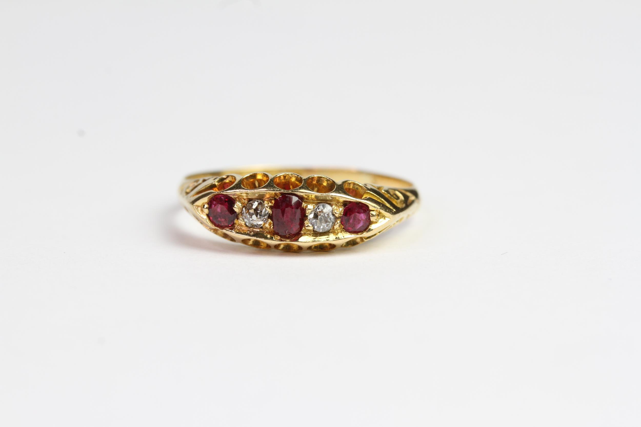 Ruby and Diamond carved half hoop 18ct gold ring