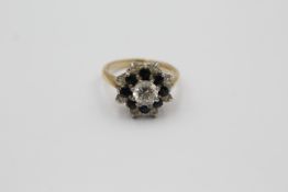 9ct gold sapphire & clear gemstone floral halo ring (3.9g)