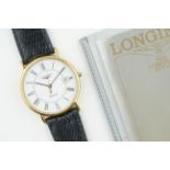 LONGINES DATE QUARTZ H.M.S.O. WRISTWATCH W/ GUARANTEE PAPERS, circular white dial with roman hour