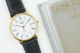 LONGINES DATE QUARTZ H.M.S.O. WRISTWATCH W/ GUARANTEE PAPERS, circular white dial with roman hour