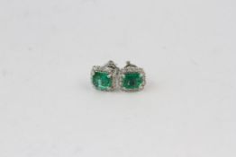 18WG Emerald and diamond rectangular earrings E2.58 D0.76