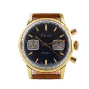 RONE VALJOUX CHRONOGRAPH WITH BLUE DIAL IN GOLD PLATE 1970S. MANUAL WIND VALJOUX CALIBER, gold pate,