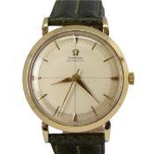 OMEGA AUTOMATIC DRESS WATCH WITH CROSS HAIR DIAL MODEL 13308 IN 9CT GOLD 1958. SERIAL 16468179,
