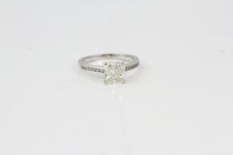 Cushion cut diamond solitaire ring. Estimated diamond weight 1.87ct
