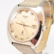 LONGINES LARGE ULTRONIC DATE TONNEAU WRISTWATCH MODEL 8479 IN STAINLESS STEEL CASE WITH BOX 1976.