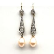 Fine gold & diamond tapered pearl drop dangly earrings . Measures 4.7cm in length set with old cut