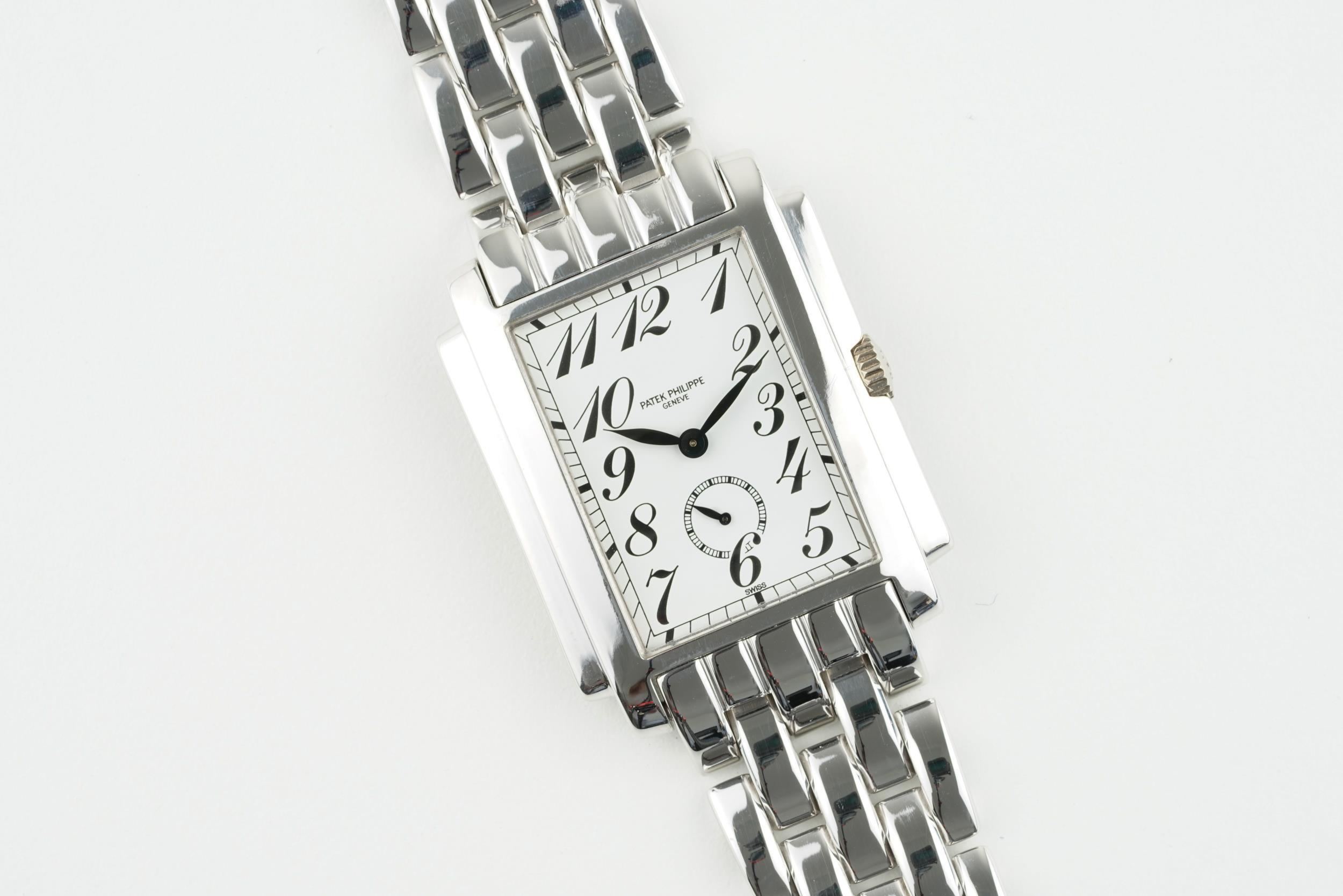 PATEK PHILIPPE GONDOLO 18CT WHITE GOLD WRISTWATCH REF. 5024/1, rectangular white dial with arabic