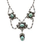 Antique silver and natural turquoise necklace . Set with large natural turquoise cabochon stones.