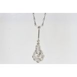 White gold long drop diamond pendant and fixed paperclip chain. Chain 40cm, Pendant drop Approx 3.