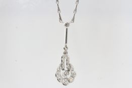White gold long drop diamond pendant and fixed paperclip chain. Chain 40cm, Pendant drop Approx 3.