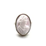 Antique 9ct gold carved cameo ring . Marked 9ct . Uk size N weighs 2.8 grams .