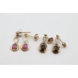 2 x 9ct gold ruby, sapphire & diamond drop earrings weighs 2.7 grams. The ruby and diamond