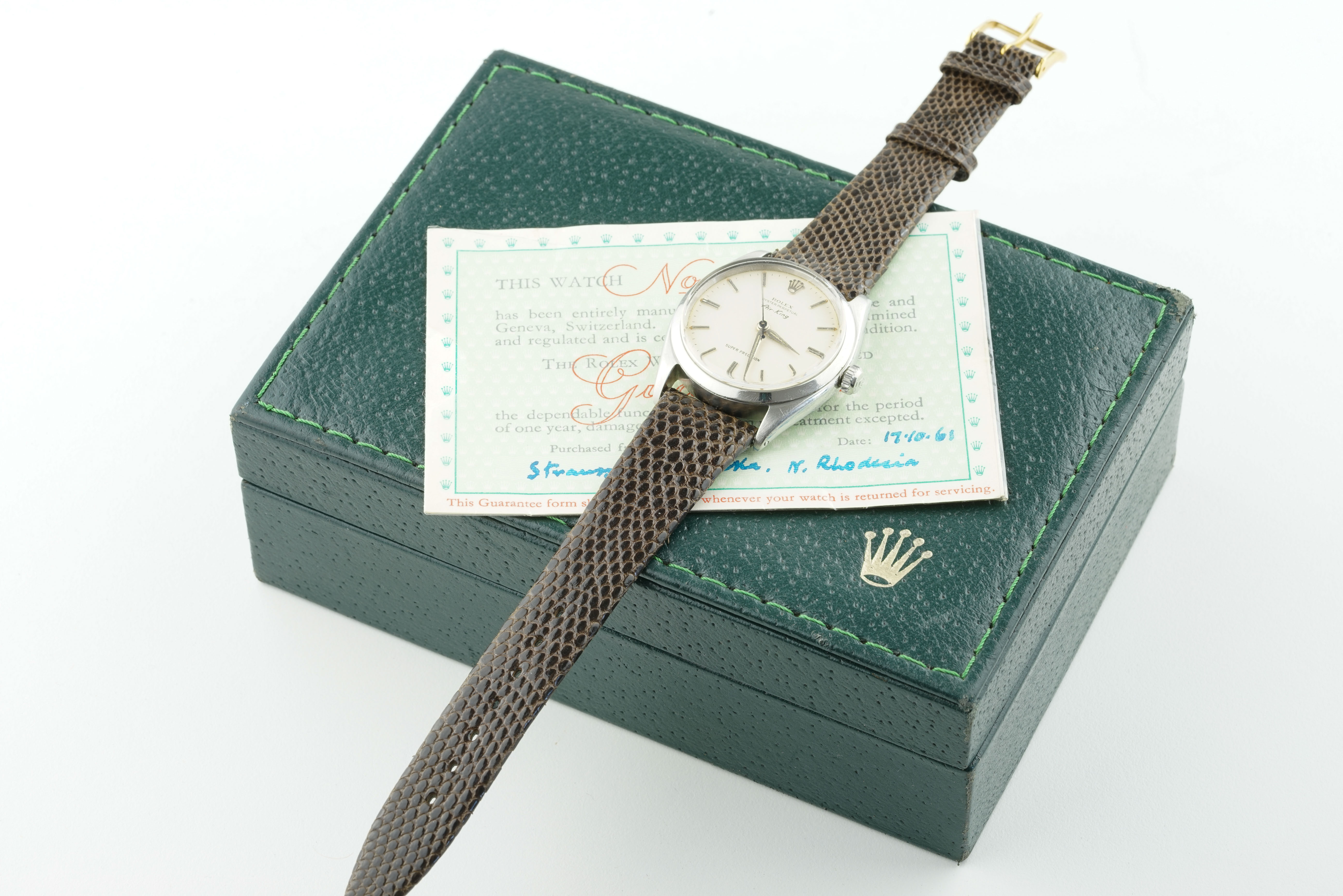 ROLEX OYSTER PERPETUAL AIR-KING SUPER PRECISION W/ BOX & GUARANTEE REF. 5500 CIRCA 1960, circular