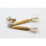 9ct gold pearl & diamond drop earrings - weighs 4.1 grams. Set in 9ct gold with tapered pearls.