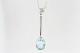 In white gold an aquamarine and diamond pendulum pendant fixed on a chain. Marked 750. Aquamarine
