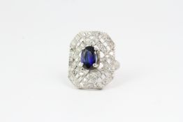 Fine platinum sapphire and diamond art deco ring. Marked PLAT for platinum. Encrusted with old cut