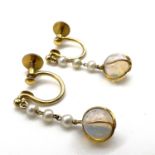 Antique 9ct gold natural seedpearls and opal drop dangly turn screw earrings. Measures 2.2cm in