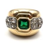 Art Deco 18ct gold platinum diamond and Columbian emerald cocktail ring. Marked with an owl on the