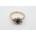 18ct gold Asprey and CO diamond and sapphire trilogy ring weighs 4.2 grams. Marked A&CO 18ct & plat.