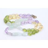9ct gold clasped peridot, amethyst, citrine & aqua beaded necklace - total weight 17.7 grams. Marked