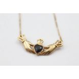 9ct gold sapphire heart claddagh pendant necklace. weighs 2.6 grams . Measures 40cm in length .