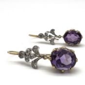 Fine gold and platinum diamond and amethyst drop dangly earrings , believed to be 18ct gold . Set