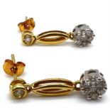 Fine 18ct gold and diamond cluster drop earrings. Set in yellow 18ct gold and a white gold diamond
