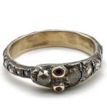 Antique Georgian gold and silver rose cut diamond snake ring. Set with ruby eyes and rose cut