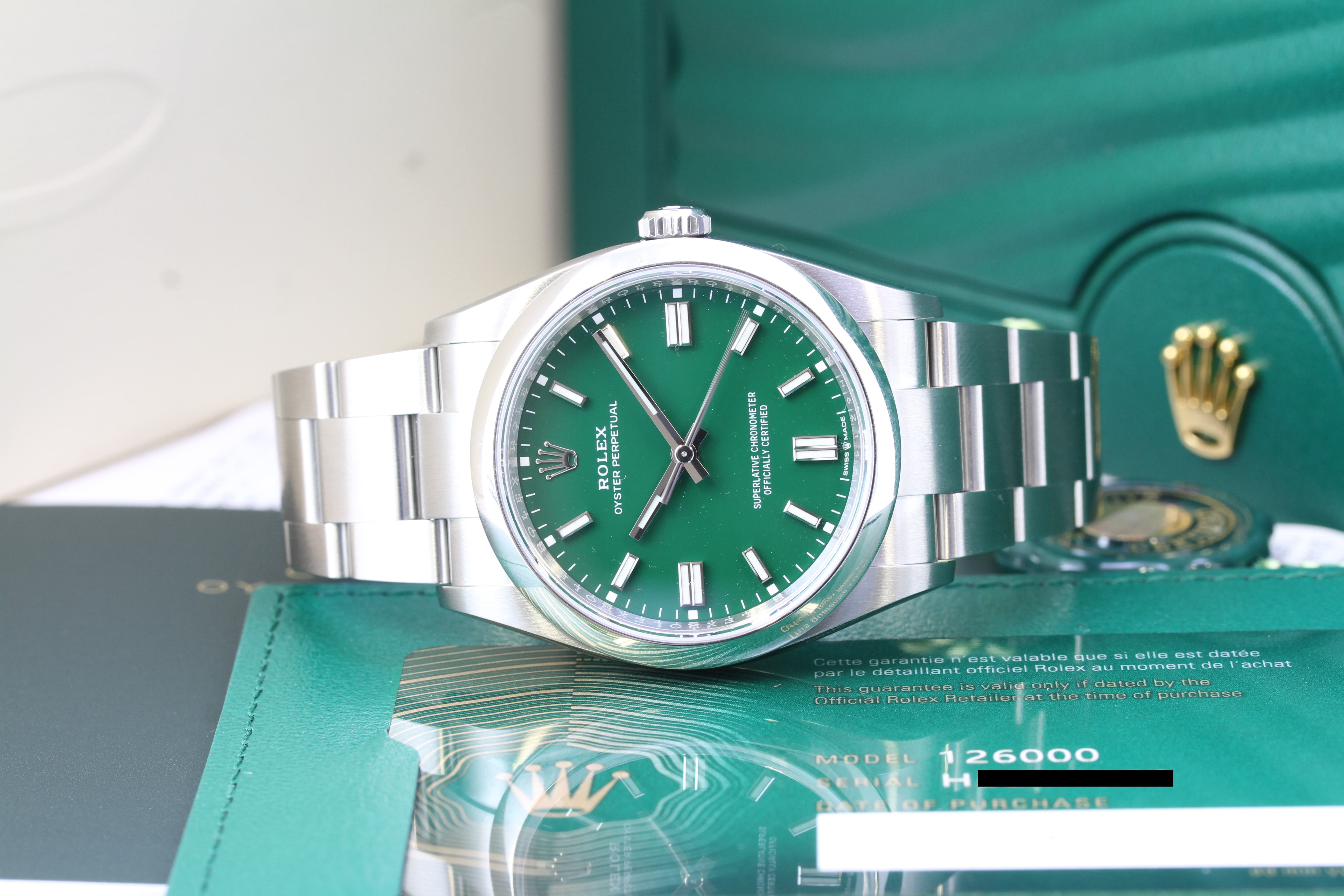 ROLEX OYSTER PERPETUAL GREEN 36 REFERENCE 126000 BOX AND PAPERS 2022 - Image 2 of 3